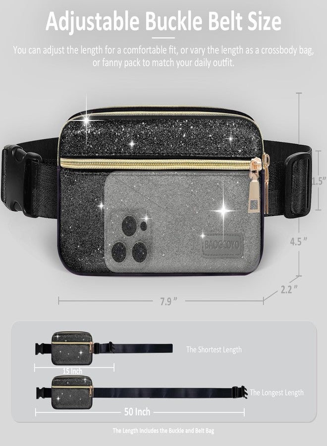 BAOGCOYO Fanny Packs for Women Men Mini Fashion Glitter Waist Packs with Adjustable Strap and 3 Zipper Pockets Everywhere Crossbody Belt Bag for Outdoors Running Travelling (Black Bling Sparkle) - Image 2